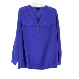 Lane Bryant blue roll up long sleeve v-neck blouse